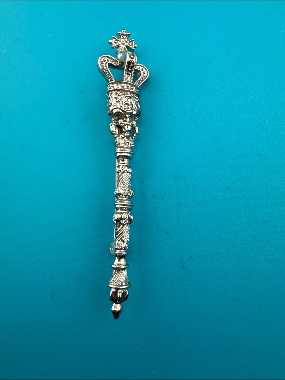 Ornate Silver Tone Crown Scepter Heraldic Brooch Pin